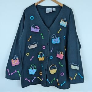 Michael Simon Embroidered Dog Pattern Button Front Long Sleeve Cardigan